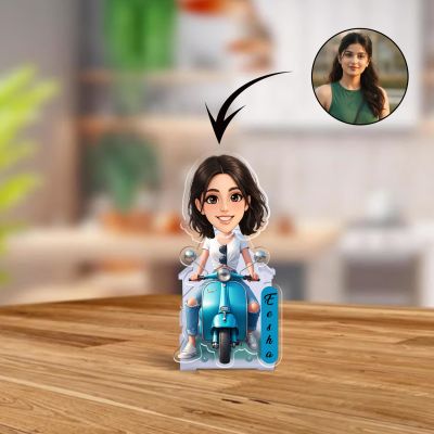 Personalized Scooty Lover Girl Booblehead Caricature for Girls Battery Powered Moving Head Feature Birthday Gift for Daughter, Sister, Mom & Lady Boss Tabletop Decor